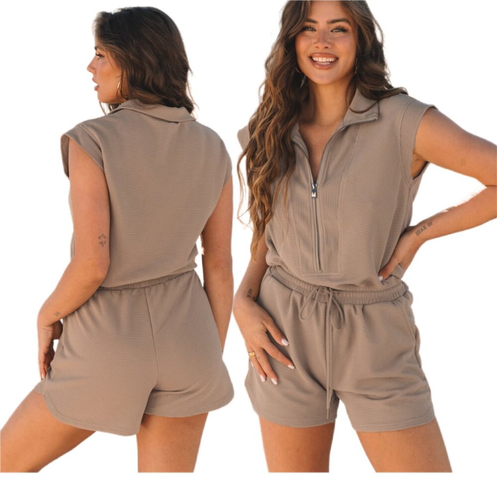 🫒 Dark Khaki Half-Zip Textured Romper – Sizes M, L, XL